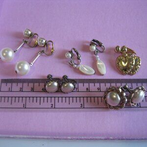 Lot of 5 Vintage Screw Back Clip On Earrings Faux Pearls Gold Tone